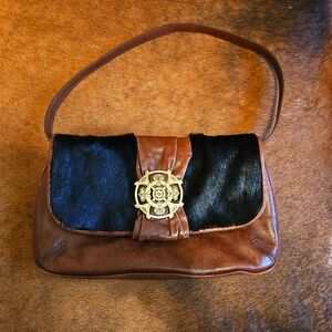 Vintage Kate Landry Whiskey Leather Cowhair Ornate Logo Western Boho Stunning 😍